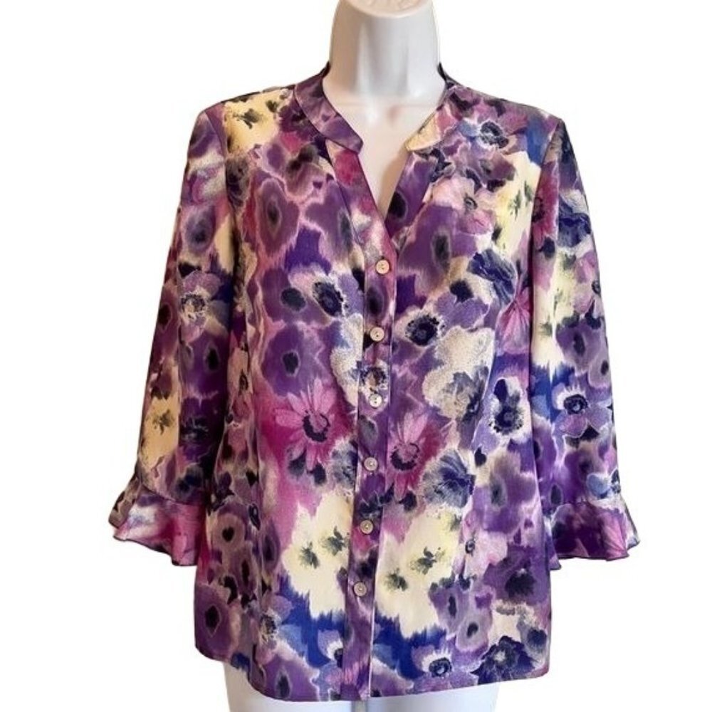 Gloria Lance Petite Floral Blouse with Bell Sleeves and Buttons Size PL